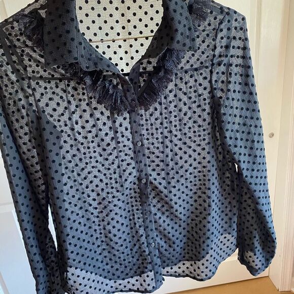 Zara Size Small Sheer Polka Dot Feather Long Sleeve Button down academic grunge - Picture 6 of 8